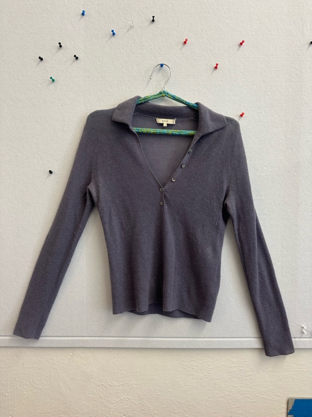 Grey Purple Long Sleeve Mohair Button Polo Top